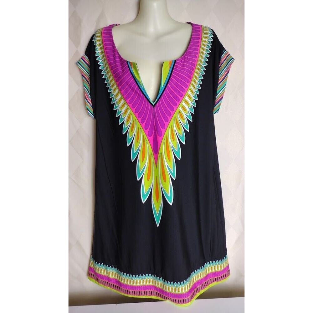 Trina Turk Cap Sleeve Boxy Shift Dress, Black Multi, Sz‎ M